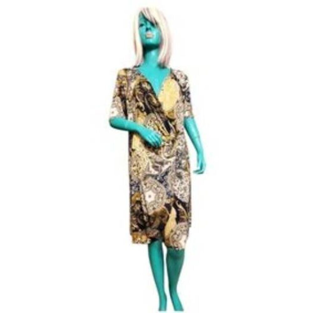 Expresso Women’s Faux Wrap Midi Dress – Paisley Patchwork Print, Short Sleeve, S